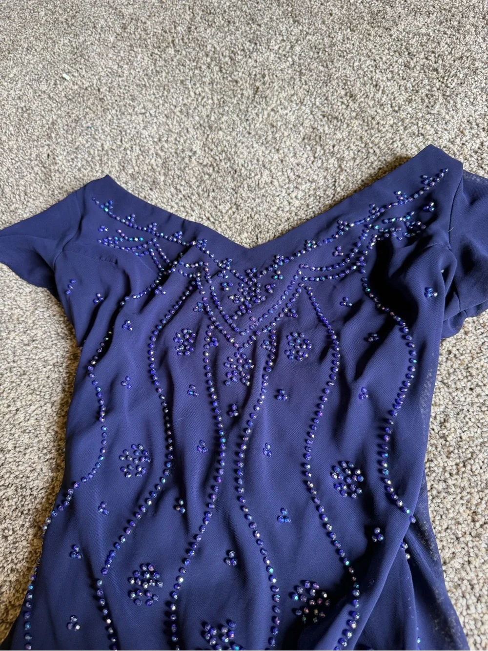 Vintage 90s Whimsigoth Navy Asymmetrical Beaded Handkerchief Hem Dress Womens 16 - Picture 4 of 9